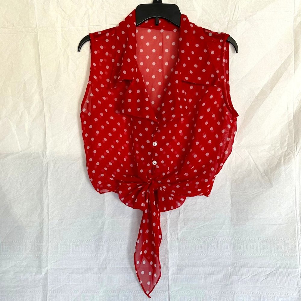 Red Chiffon Sleeveless Blouse with White Polka Dots - Size Med. Tie in the Front
